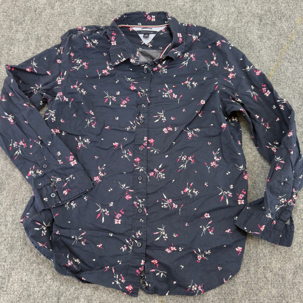 Tommy Hilfiger Floral Button Down Shirt Navy Blue Size L